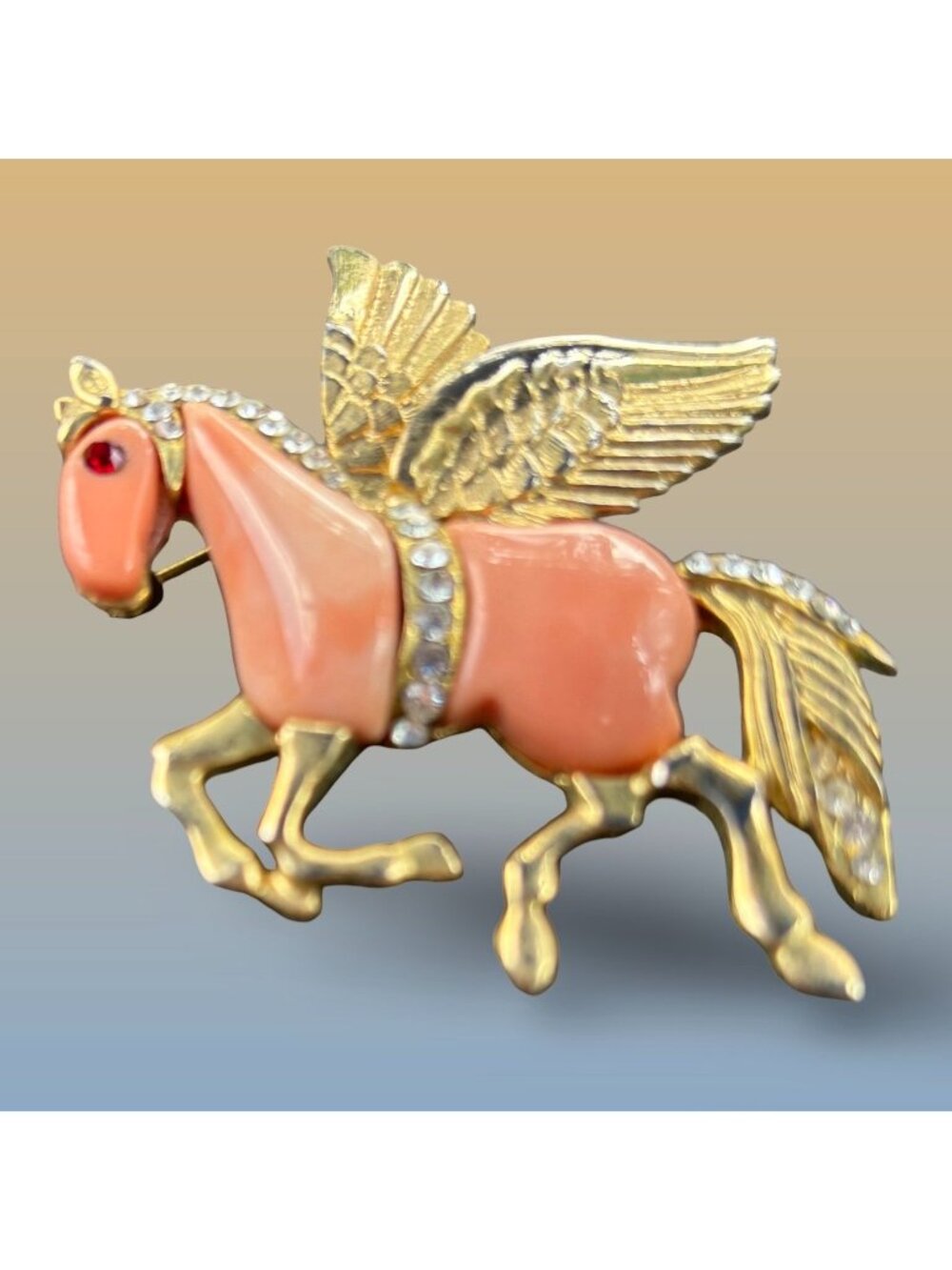 Winged Pegasus Enamel Rhinestone Brooch Statement Unsigned Hattie Carnegie VTG
